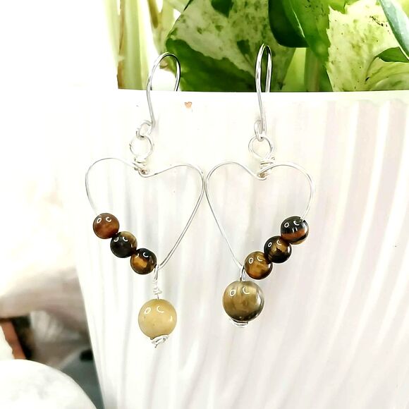 Tigers Eye Gemstone Heart Dangle Earrings, Crystal Jewelry, 2" - Picture 5 of 10